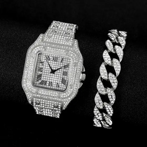 Novo Relógio De Masculino Ice Com Pulseira De Corrente Studded Masculina Cubana Hip Hop Silver