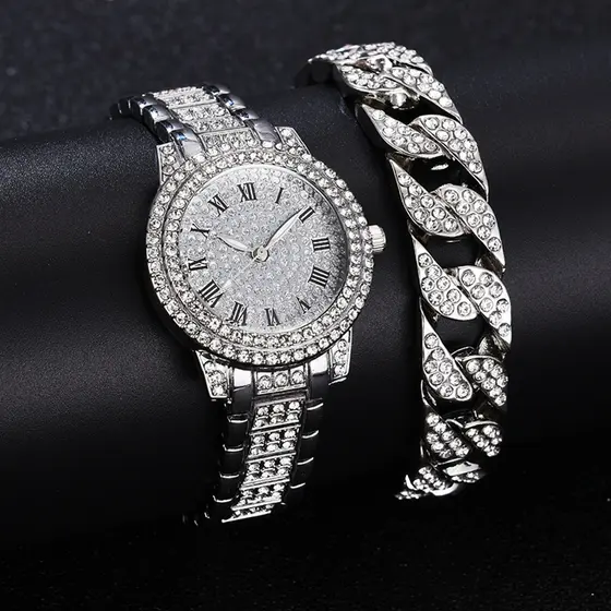 Novo Relógio Com Pulseira De Diamante Gelo Para Homens Quartzo