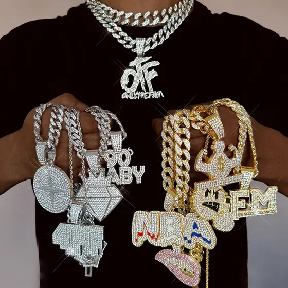 Novo Corrente Cravejada Colar De Hip Hop Colar Masculino Pingente Carta De Diamante Cara Sorridente Personalizada Multie