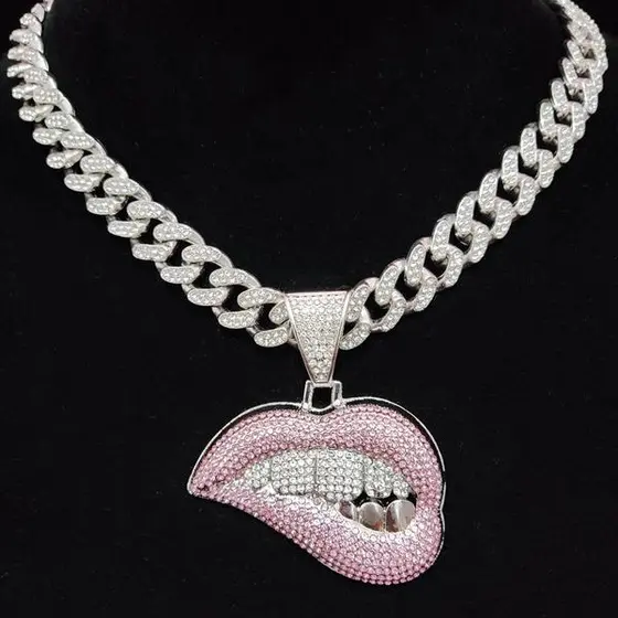 Novo Hip Hop Corrente Cravejada Diamante Rosa Lip Pingente Colar Cubano Ice Acessórios Moda Para Homens & Mulheres