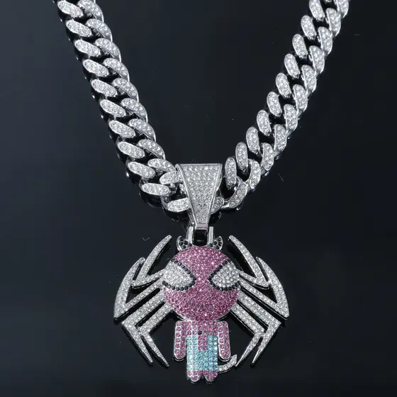 Novo corrente cravejada Colar De Hip Hop Cartoon Aranha Pingente Corrente Cubana Para Homens