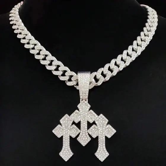 Novo Hip Hop Corrente Cravejada Três Setas Cruz Pingente Cubano Iced Colar De Acessórios Joias Masculino Moda Feminina