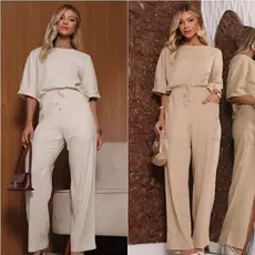 Conjunto alfaiataria feminino social calça e blusa com manga feito em linho elegante