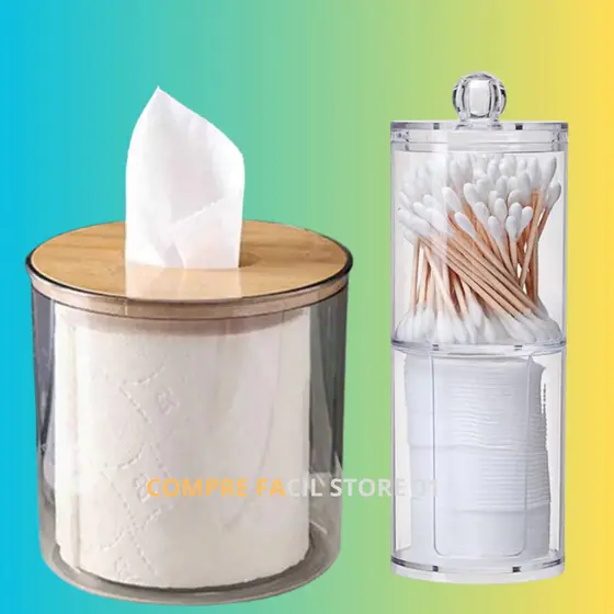 kit  Porta Disco de Algodão Porta Papel Higiênico Cotonete Dispenser Para Hastes Algodão com Tampa