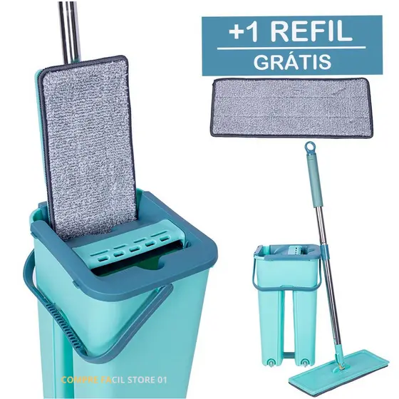 MOP FLAT Flat Mop 2 Refis Esfregão Com Balde Rodo Mágico Lava Seca Tira Pó Premium