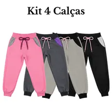 Kit 4 Calças Moletinho Infantil Menina Escola Dia a Dia Confortável Meia Estação