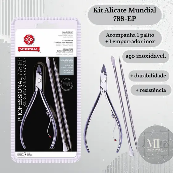 Kit Manicure Profissional Alicate Mundial 778 + Espátula e Empurrador Inox | Cutícula Unha