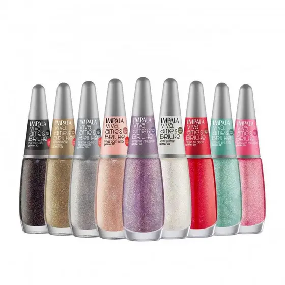 Kit Esmaltes Impala Viva Ame Brilhe Glitter 3D Cores Variadas Profissional Original