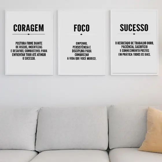 Coragem - Foco - Sucesso - Kit 3 Placas Decorativas - Motivacionais - Decoração para Escritório - Sala - Quarto - Quadros Decorativos