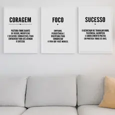 Coragem - Foco - Sucesso - Kit 3 Placas Decorativas - Motivacionais - Decoração para Escritório - Sala - Quarto - Quadros Decorativos