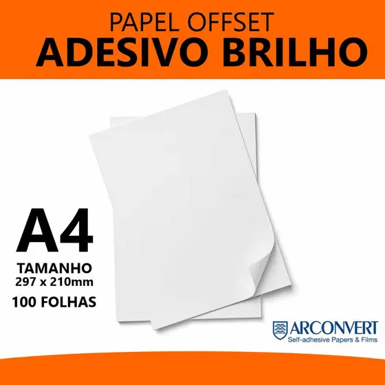 100 Folhas Papel Adesivo Brilho Tamanho A4 - 210x297mm - Impressão Offset, laser - ótimo para etiquetas