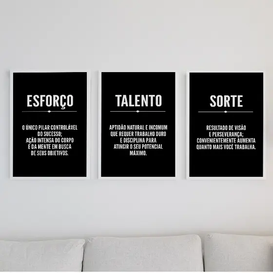 Esforço - Talento - Sorte - Kit 3 Placas Decorativas - Motivacionais - Decoração para Escritório - Sala - Quarto - Quadros Decorativos