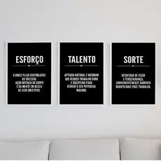 Esforço - Talento - Sorte - Kit 3 Placas Decorativas - Motivacionais - Decoração para Escritório - Sala - Quarto - Quadros Decorativos