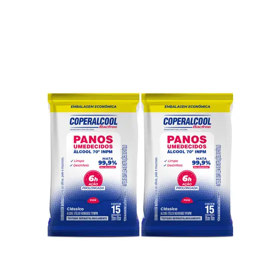 Kit 02 Pacotes de Lenços Umedecidos Clássico com Álcool 15 Lenços cada Coperalcool