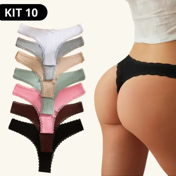 10 Calcinhas Algodão Canelado Fio Dental Renda Conforto Tanga Sensualidade Moda Íntima Feminina