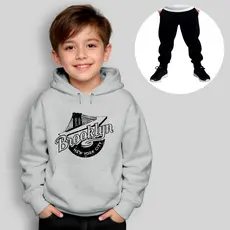 Conjunto Moletom Infantil Canguru + Calça Estampado Brooklyn Vintage Inverno Unissex