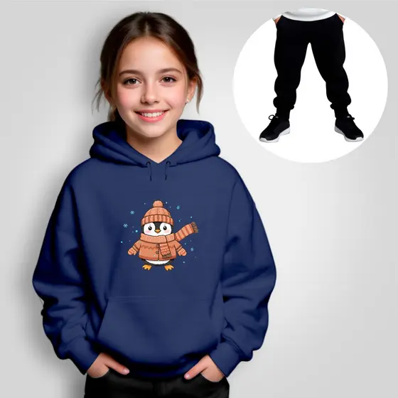 Conjunto Moletom Infantil Canguru + Calça Estampado Pinguim Cachecol Inverno Menina Menino