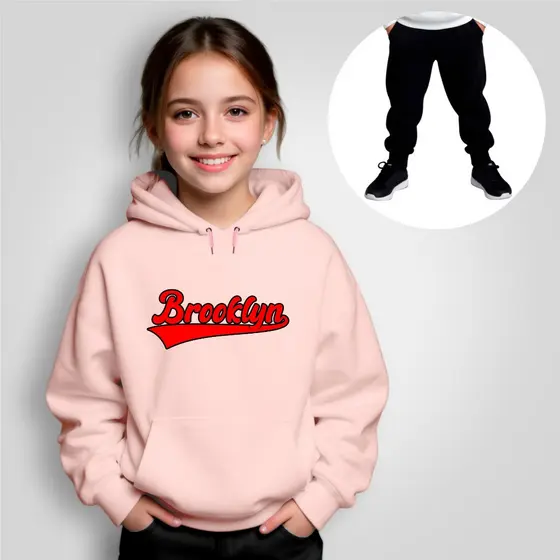 Conjunto Moletom Infantil Canguru + Calça Estampado Brooklyn Vermelho Inverno