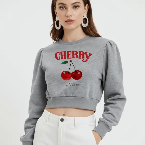 Cropped Moletom Feminino Cherry Estampa Cereja Fofa Divertida Estilo Cute
