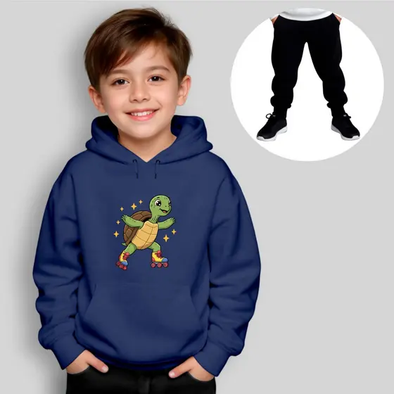 Conjunto Infantil De Moletom Blusa com Capuz e Bolso Calça Preta Estampa Divertida Tartaruga
