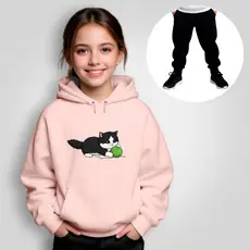 Conjunto Moletom Infantil Canguru + Calça Estampado Gato Novelo Inverno Unissex