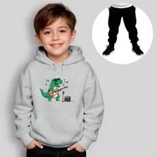 Conjunto Infantil Moletom Dinossauro Rock + Calça Preta – Roupa Quentinha, Divertida, Inverno, Menino e Menina