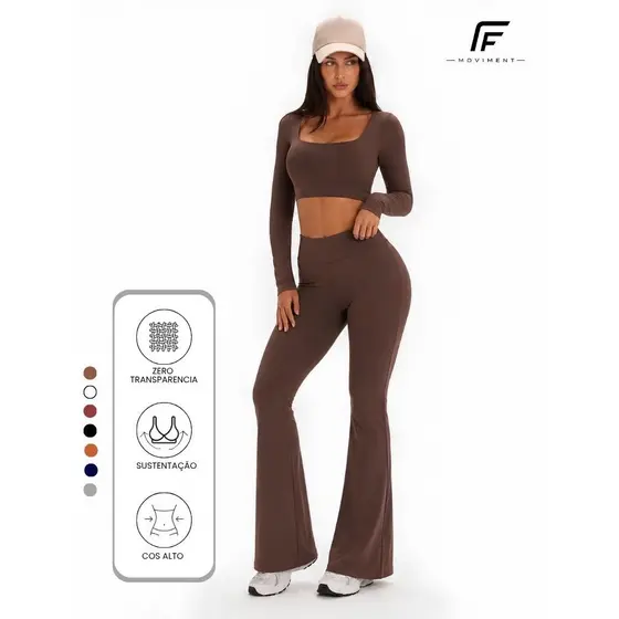 Conjunto de Academia Feminina Liso Zero Transpar锚ncia Suplex Poliamida Flare Manga Longa Fitness