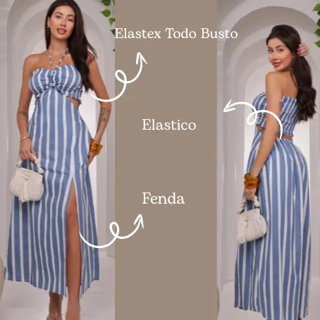 Vestido Longo Listrado Frente Única Recorte Lateral Fenda Moda Blogueira Verão Praia Luxo Premium
