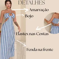 Vestido Feminino Longo Listrado Com Bojo Forrado Amarração Frontal Fenda Elegante Verão Casual