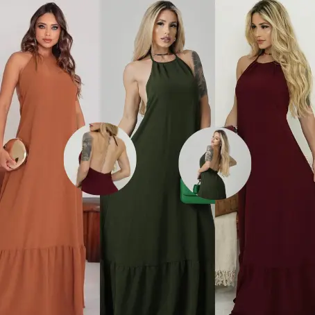 Vestido Longo Frente Única Costas Nuas Tecido Duna Não Amassa Elegante Festa Casamento Praia Luxo