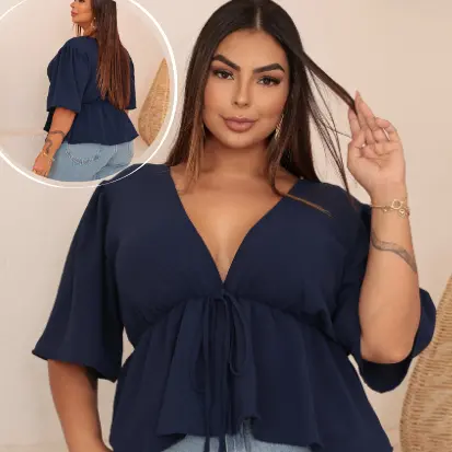 Blusa Bata Plus Size Cropped Feminina Amarração Frontal Manga 3/4 Franzida Babado Elegante Casual