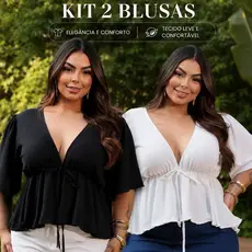 Kit 2 Blusas Bata Femininas Decote V Amarração Frontal Babado Tecido Premium Moda Feminina