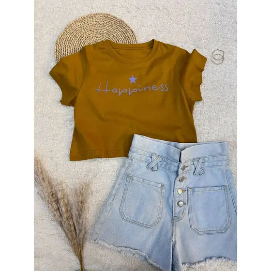 Cropped estilo curto camiseta blusa T-Shirt Feminina Algodão Gola Careca simples confortável "Happiness"