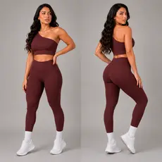 Conjunto legging e top marrom modinha ombro a mostra premium