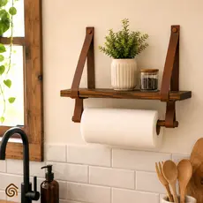 Prateleira de Madeira Envelhecida com Suporte em Couro Decoração Cozinha Rústica | Casa Madêco