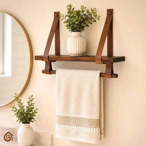 Prateleira Suporte Para Toalha Madeira Envelhecida e Couro Decoração Banheiro Rústico | Casa Madêco