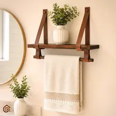 Prateleira Suporte Para Toalha Madeira Envelhecida e Couro Decoração Banheiro Rústico | Casa Madêco