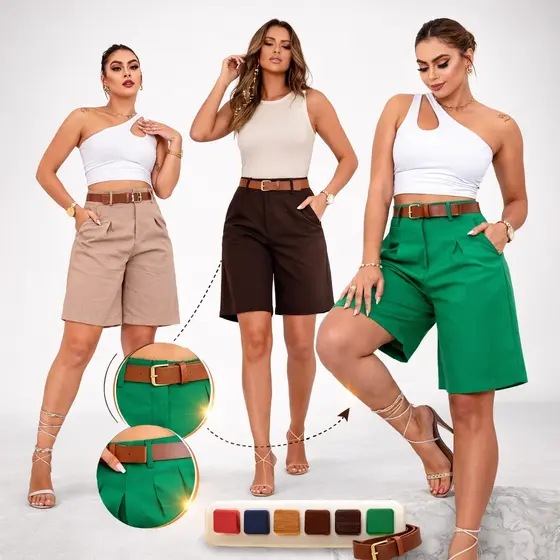 bermuda alfaiataria feminino com cinto Shots Social linho Moda Feminina P, M, G, GG, G1, G2