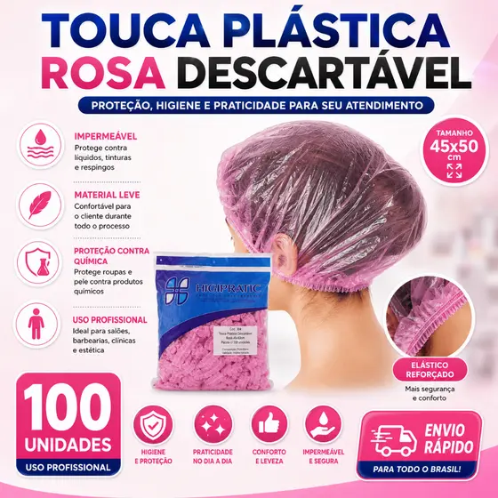 Touca Plástica Descartável Rosa 100UN Cabelo, Salão de Beleza, Cabeleireiro, Clínica Estética, Banho