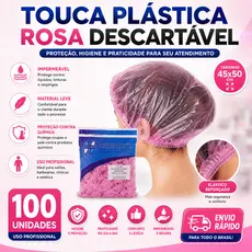 Touca Plástica Descartável Rosa 100UN Cabelo, Salão de Beleza, Cabeleireiro, Clínica Estética, Banho