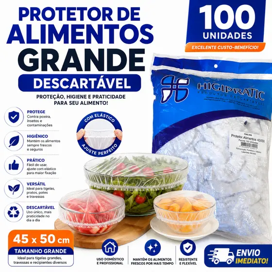 Protetor de Alimentos Grande 45x50cm 100UN Tampa Descartável Filme Plástico Restaurante Cozinha