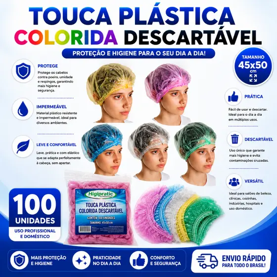 Touca Plástica Descartável 100UN Colorida - Banho e Salão 45x50