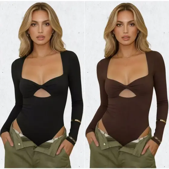 Body Feminino Manga Longa Suplex Justo Decote Nó Moda Blogueira Balada Outono Inverno Moda