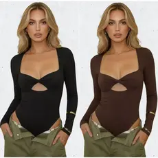 Body Feminino Manga Longa Suplex Justo Decote Nó Moda Blogueira Balada Outono Inverno Moda