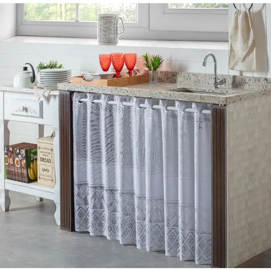 Cortina Para Pia De Cozinha Em Renda 1,50m x 80cm Branca