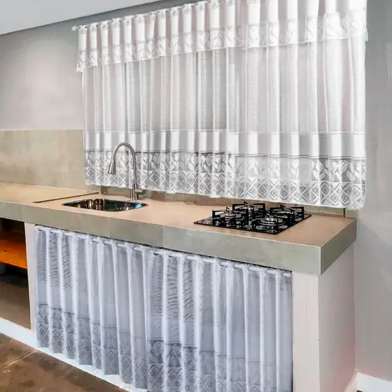Cortinas de Cozinha Renda P/janela e Pia Renda Cortina Branca e Bege - Tulipa Decoração
