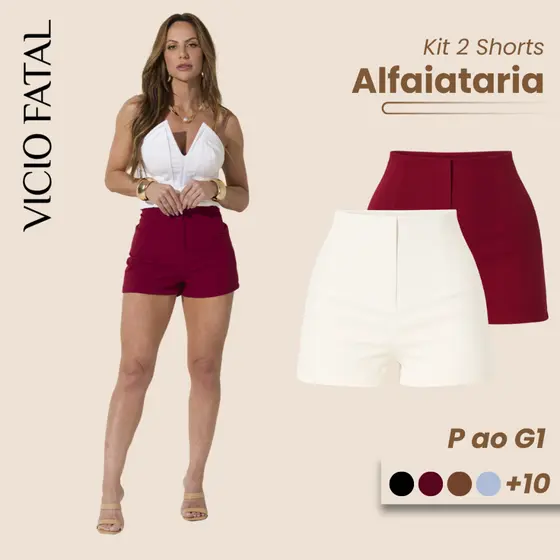 Kit 2 Shorts Feminino Diferentes de Alfaitaria Fecho Invisível Premium Cintura Alta Verão Fresco
