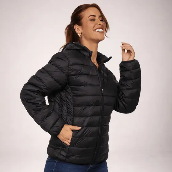 Jaqueta Feminina Puffer Bobojaco Capuz Nylon Impermeável com Bolsos Internos e Capuz Removível