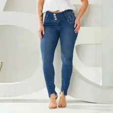 Calça Feminina Jeans Cigarrete Modeladora Barra Desfiada Cintura Alta Cós Largo Barra Personalizada