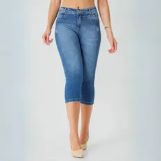 Calça Feminina Jeans Capri Levanta Bumbum Cintura Média Modeladora Lycra Botão